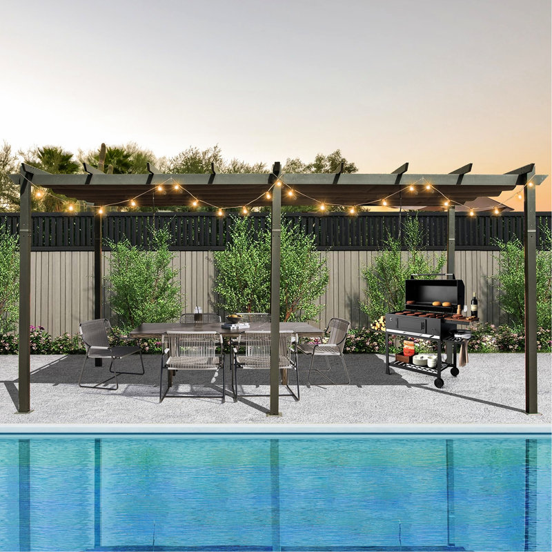 Pergola rétractable d'extérieur 11 x 20 pi - Gris foncé Structure robuste en aluminium, auvent. Tissu décoloré. Direction réglable du pavillon. Installation facile. Convient à la cour, à la piscine et au gris. Deux