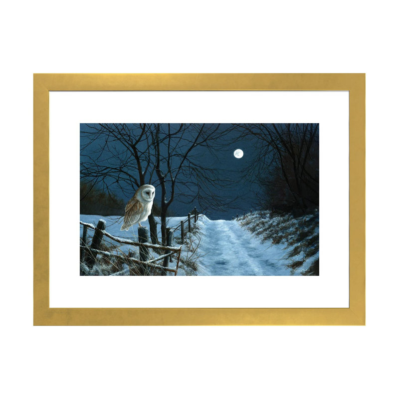 Reproduction d’art graphique, "Moon’s Moon-Barn Owl" par Jeremy Paul, H 24 po x l 32 po x P 1 po, Papier encadré doré, Blanc
