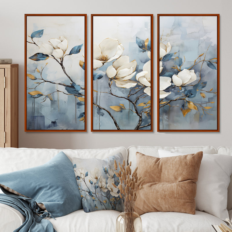 Electa - Magnolias, ensemble d'art mural sur toile, H 40 po x l 60 po x P 1 po, Cadre flottant brun