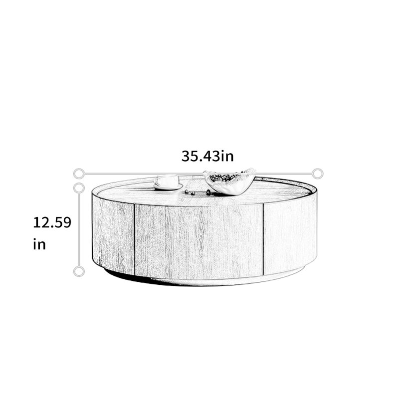 Table basse ronde en chêne et acier, H 12,59 po x L 35,43 po x l 35,43 po