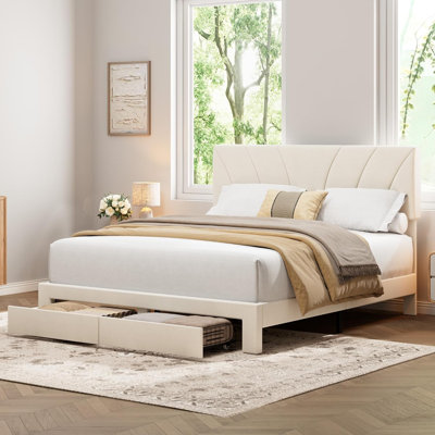Bed Frame with 2 Storage Drawers, Velvet Upholstered Platform Bed Frame with Headboard