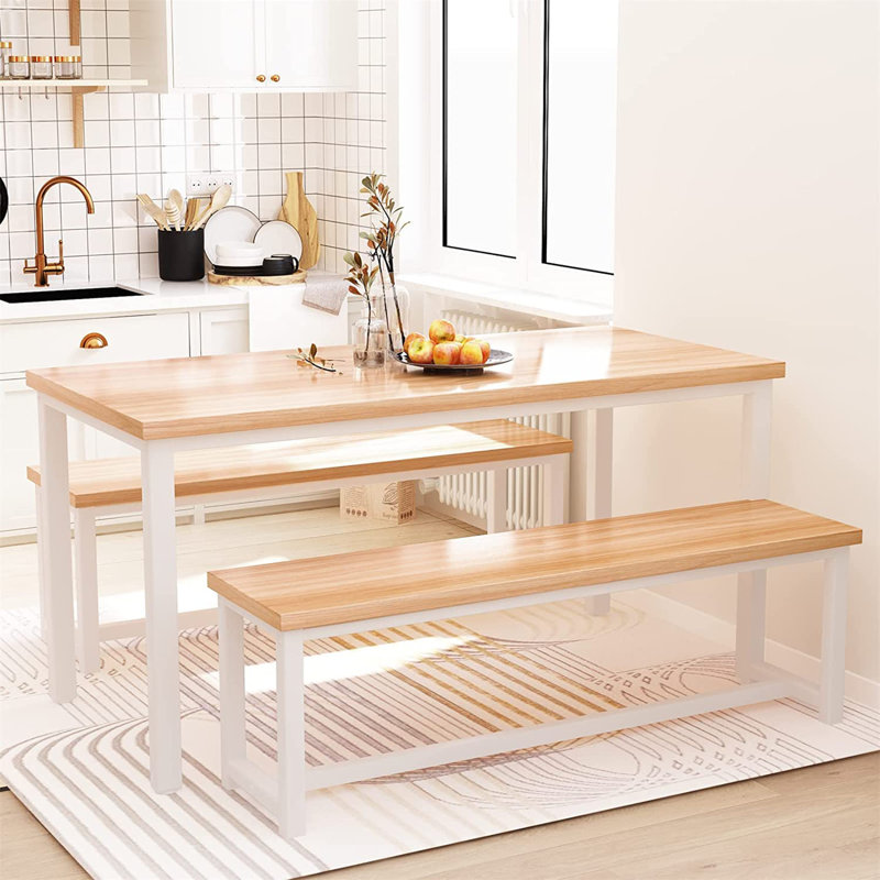 Ensemble de salle à manger Farmhouse avec 2 bancs pour 4 à 6 places, Naturel / Blanc