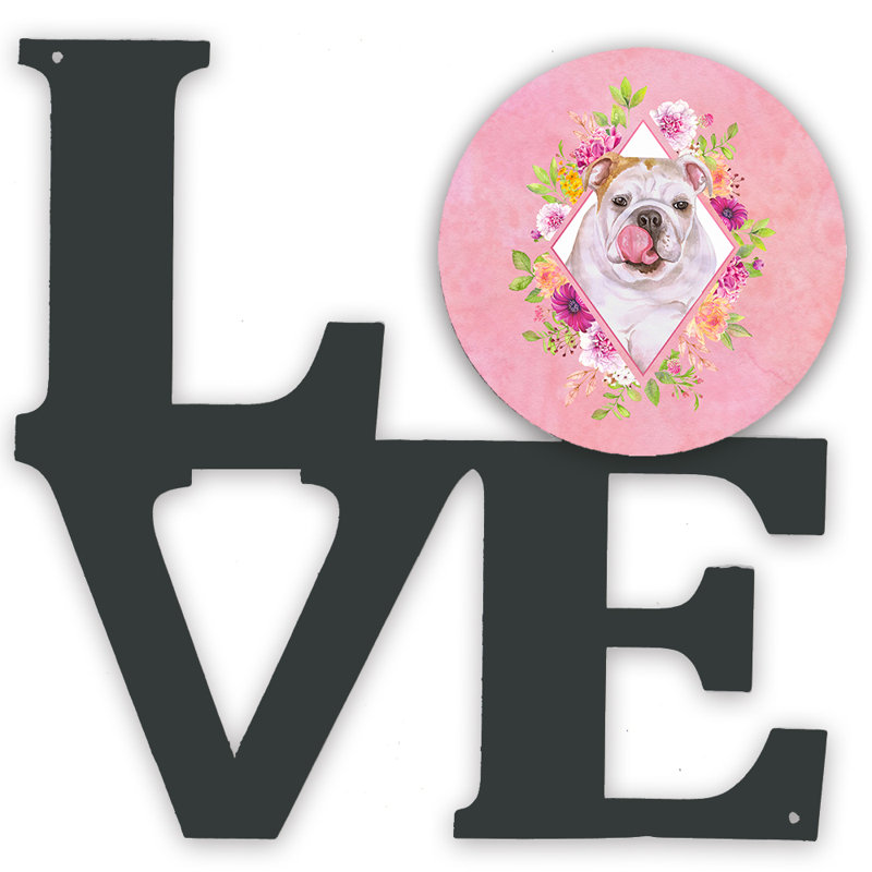 Décoration murale en métal love fleurs, Rose, Bouledogue anglais blanc