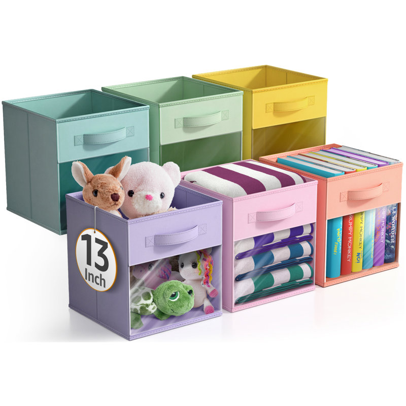 Sorbus 13 Inch 6 Pack Collapsible Fabric Storage Bins with Clear Window - for Organizing Clothes, Toys, Books, Shelves, Closets & more, Large, Set of 6, Rainbow Pastel