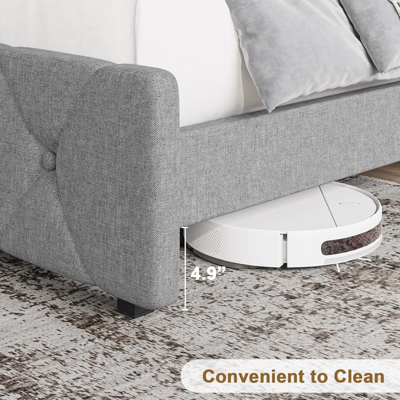 Structure de lit plateforme tapissier avec ports USB, Grand lit, Gris clair