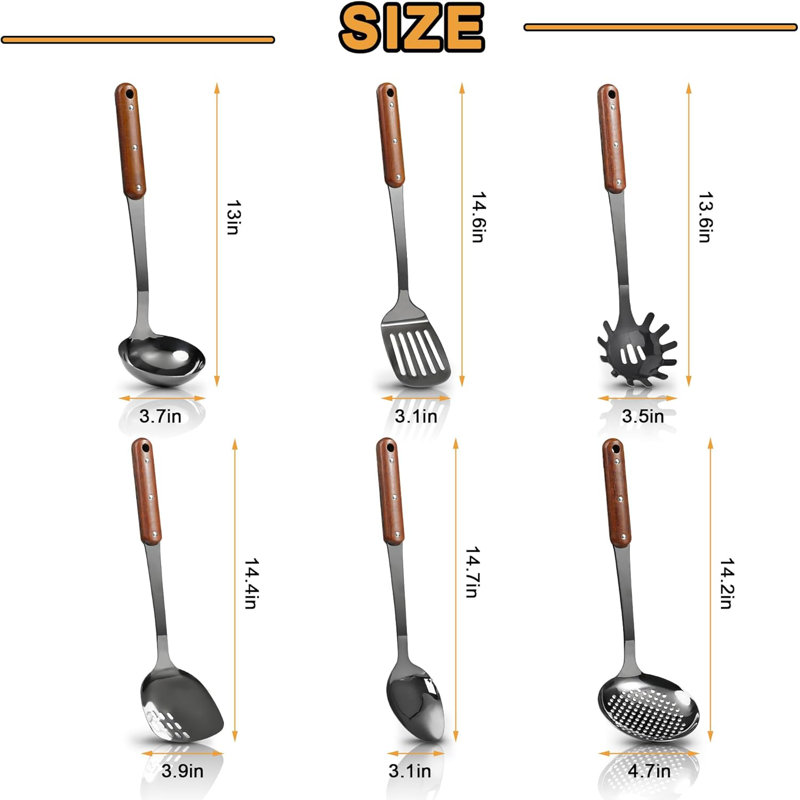 Ensemble d'ustensiles de cuisine 6 pièces en acier inoxydable poli miroir avec poignée en bois Ensemble d'ustensiles de cuisine résistant à la chaleur