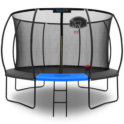 SereneLife 12FT Outdoor Trampoline for Kids – Durable Backyard Kids Trampoline with Curved Safety Poles, Net Enclosure, Ladder & Basketball Hoop – AST