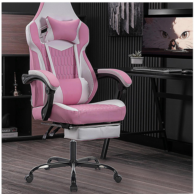 Game chair with footrest, high-back PVC leather ergonomic gaming chair, with adjustable headrest and lumbar support, racing style video game chair, suitable for office/home (pink)