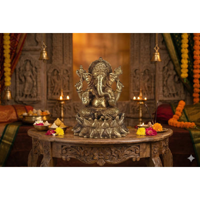 5" Handmade Brass Lord Ganesha Idol on Lotus (Kamalasana) Enjoying Modak | Antique Gold Finish Hindu Deity Statue | Spiritual Home & Office Decor | Made in India