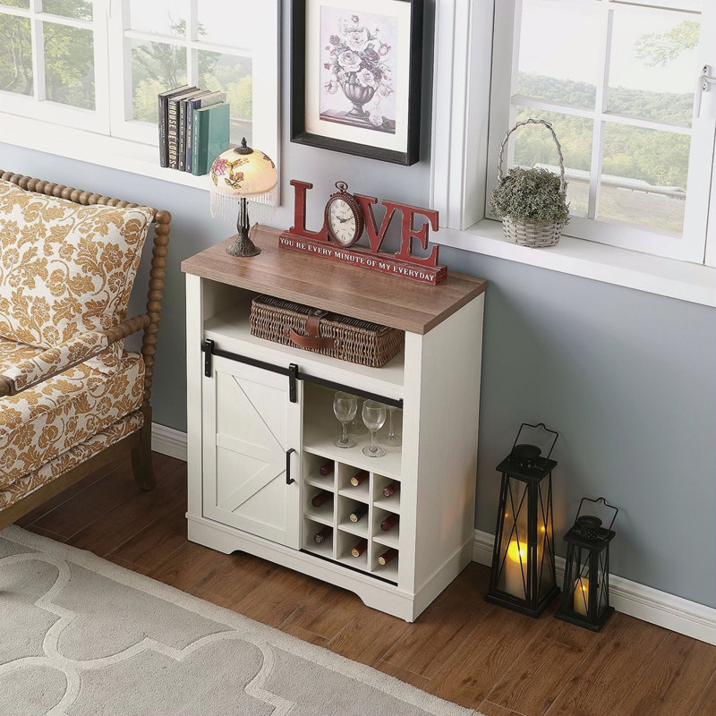 Armoire de rangement Farmhouse avec porte de grange coulissante et tablette à vin, petite armoire de rangement pour cuisine, salon
