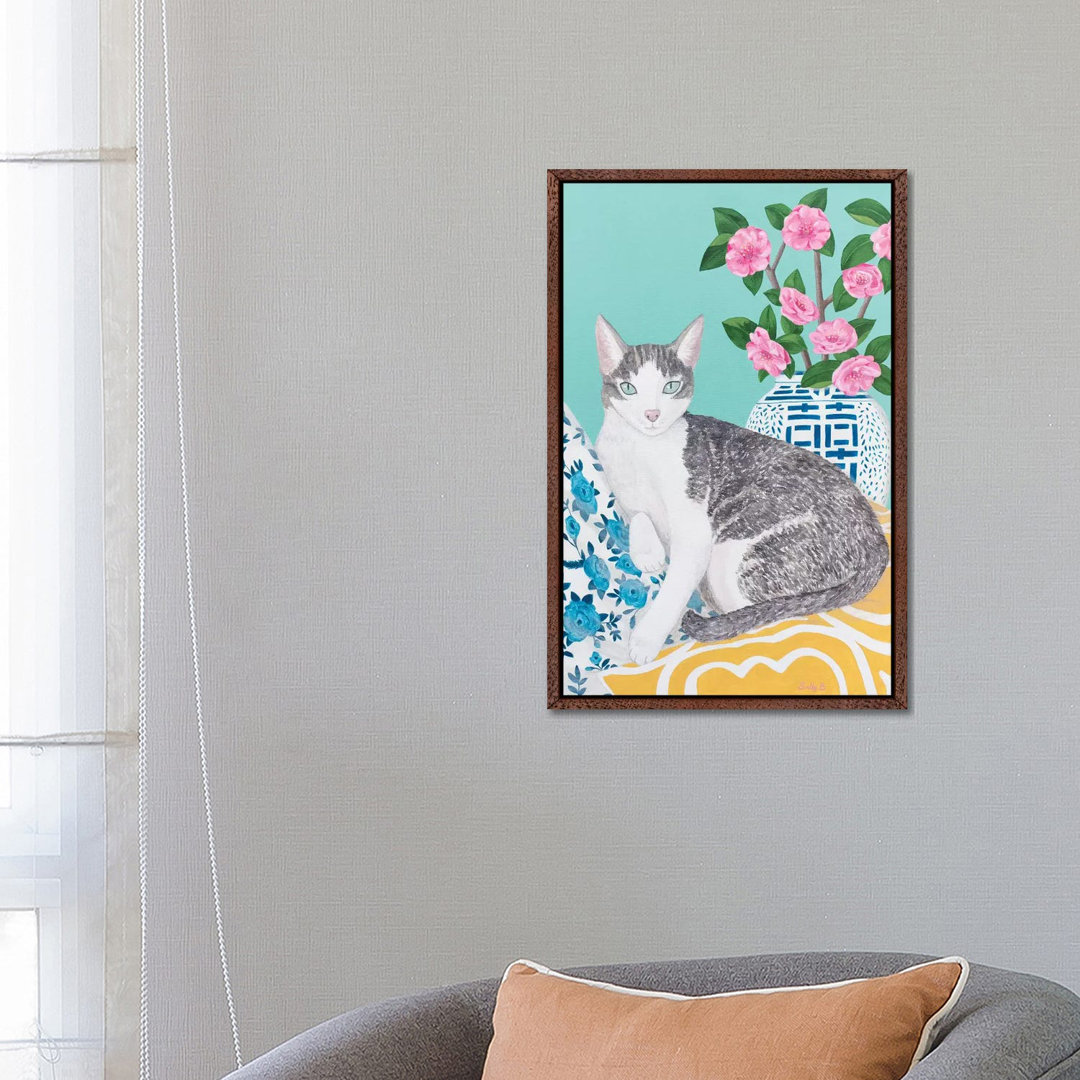 Cat with Cushions and Chinoiserie Vase by Sally B - Graphic Art Print on Canvas
