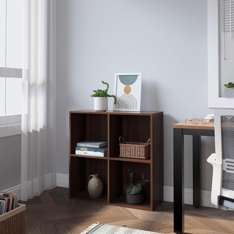 Latitude Run® Bookcase, 4 Cube Open Storage Organizer Display Bookshelf, Walnut
