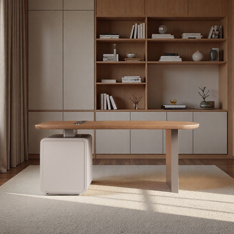 Cream-coloured solid wood desk with a simple design, 29.53" H x 62.99" W x 31.5"  D