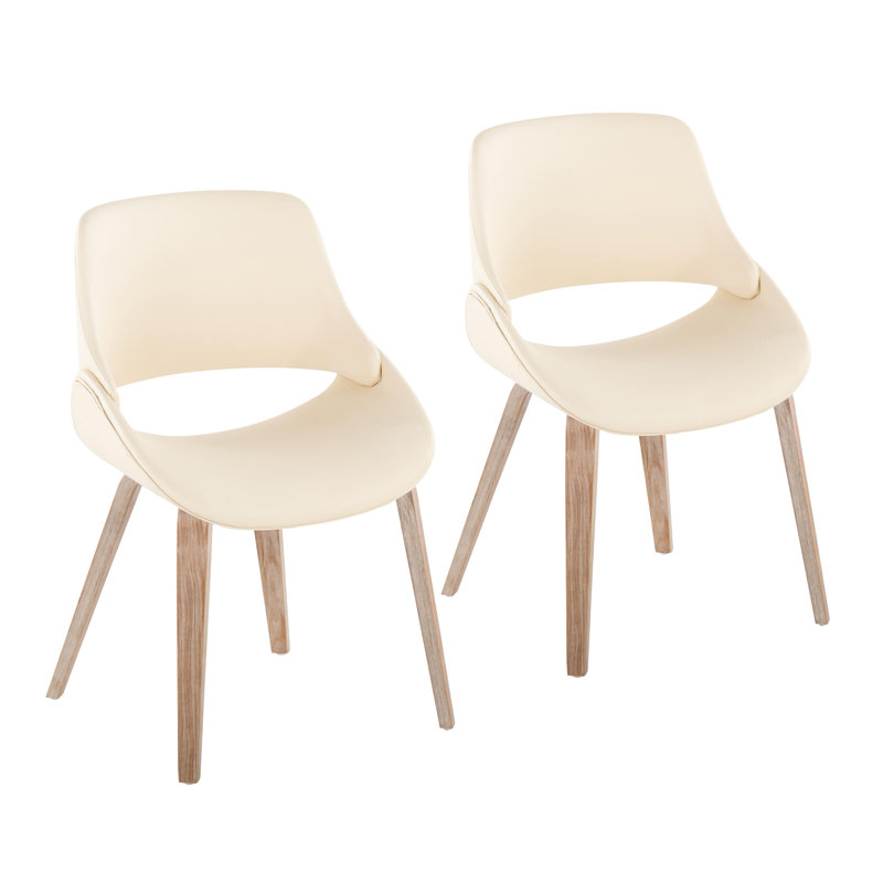 Najrin Upholstered Side Chair with Bent Wood Legs, Cream Faux Leather, White Washed Bent Wood