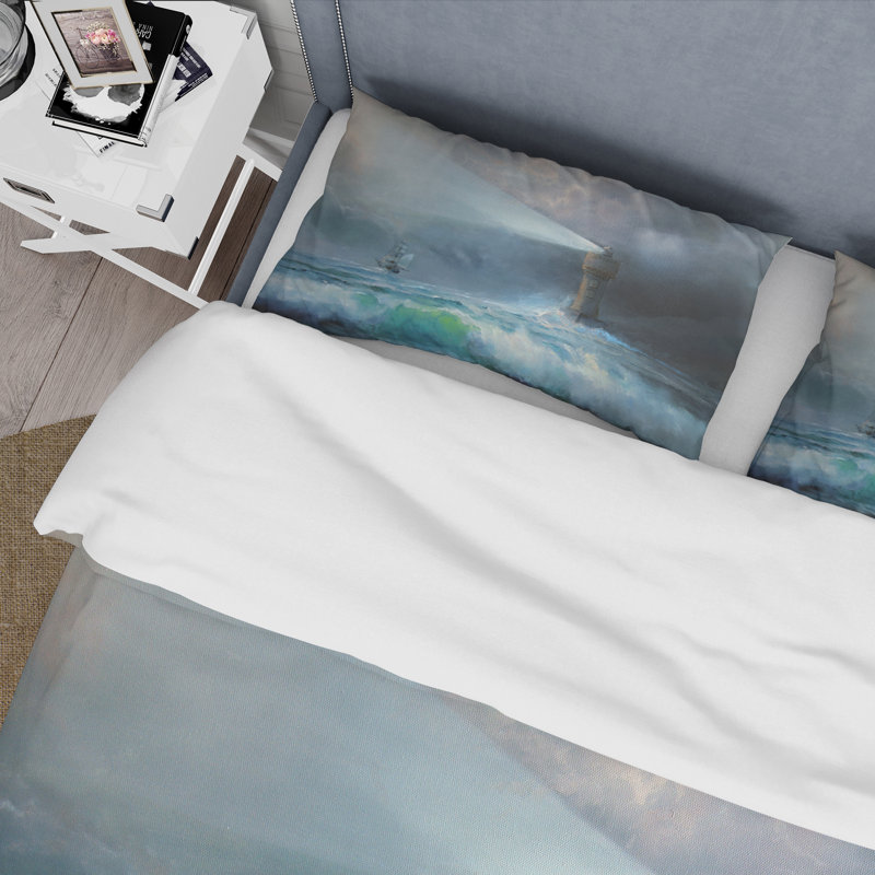Phare brillant pendant la nuit orageuse II - ensemble de housse de couette nautique - microfibre de polyester