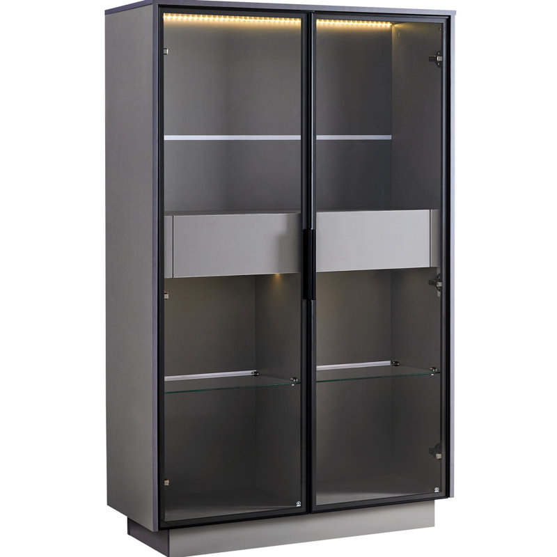 Armoire vitrée de 60,6 po de hauteur pour salon, bureau et bureau, porte en verre trempé gris, éclairage à DEL, deux tiroirs, armoire réglable avec éclairage de porte pour bureau moderne, rangement