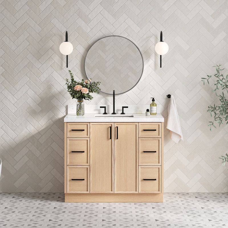 Ariel Kelly 42 Inch Single Rectangular Sink Bathroom Vanity With Carrara Quartz Countertop, Oak