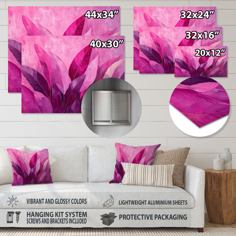 Magenta Leaves Blosoom II - Leaves Metal Wall Decor, Traditional Metal Art Print, H 34 po x l 44 po