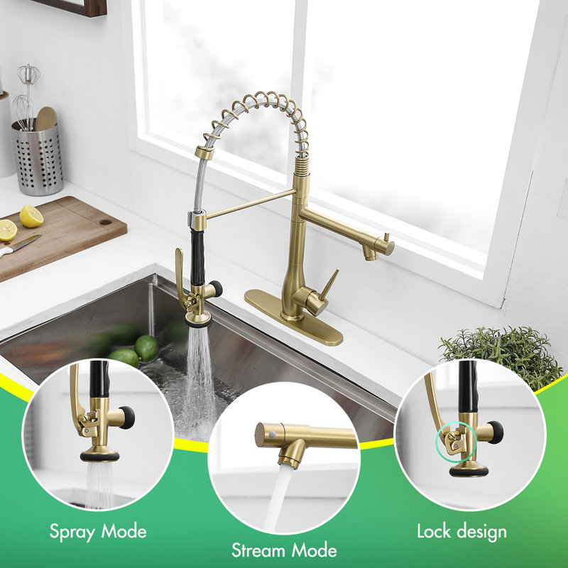 Commercial Brushed Gold Single Handle Kitchen Faucet With Pull Down , Ceramic Cartridge, Leak - Proof Performance Modern Classic Sink In Gold, High Arc 360 Degree Swing, Multifunctional Water Outlet