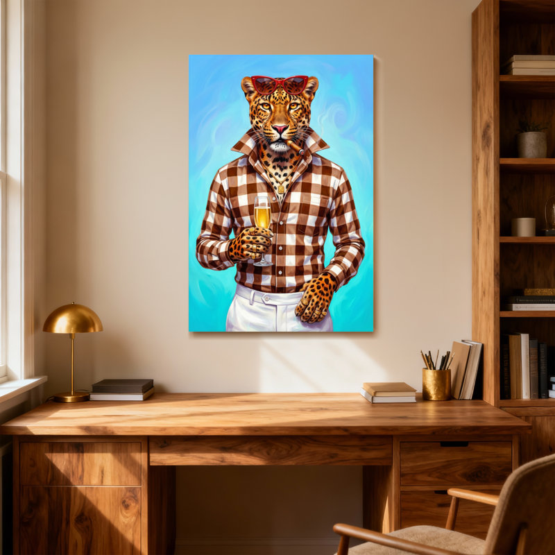 Animaux léopard portant une chemise à carreaux tenant une boisson, H 24 po x l 16 po