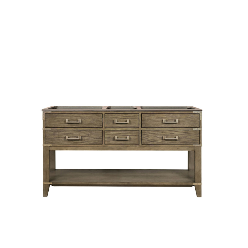 Meuble-lavabo double en chêne gris 60 po Conception large et à fermeture en douceur de quatre tiroirs, tablette de rangement ouverte, cadre en bois massif avec panneaux, entièrement assemblé pour une installation rapide et simple, vendu en haut