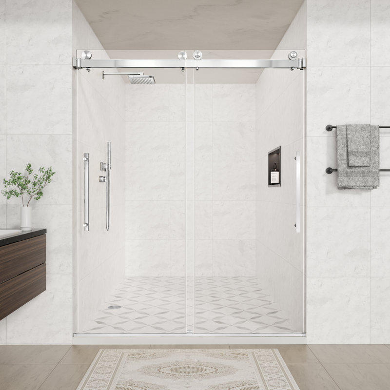 Porte de douche coulissante double sans cadre, verre trempé transparent de 1/4 po, Chrome chrome
