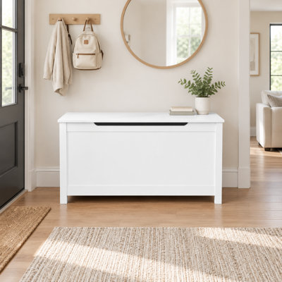 Boîte à jouets pour enfants avec couvercle à charnières de sécurité, coffre de rangement en bois de 2,7 Capacité en pi³, banc de rangement en MDF pour jouets, livres et artisanat, blanc, rangement pour chambre d'enfant et salle de jeux