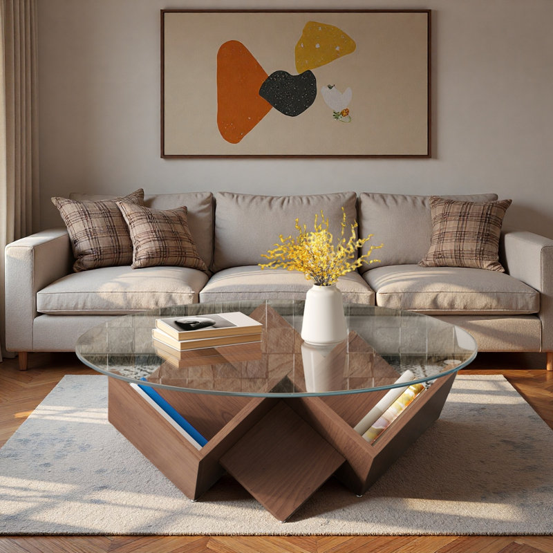 Table basse ronde avec plateau en verre et tablettes de rangement