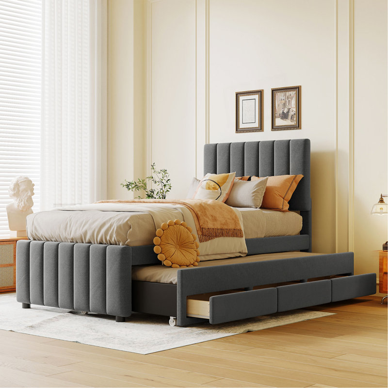 Lit plateforme tapissier simple avec lit gigogne et 3 tiroirs, tissu en lin, gris