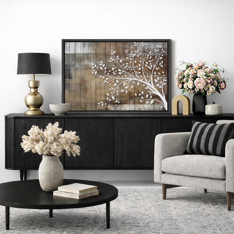Abstract Tree "White Branch Leaves On Wood Effect Background Artwork, Abstract Neutral Tan Rustic Wall Pictures, Large Framed Canvas Giclee Print Wall Art"