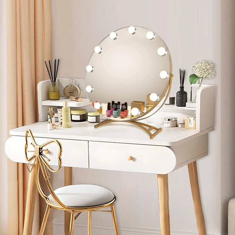 Large and Bright LED Metal Mirror Touch Dimmable Swivel Tabletop Mirror Hollywood Round lighted Makeup Mirror with 11 bulbs and 3x Magnification