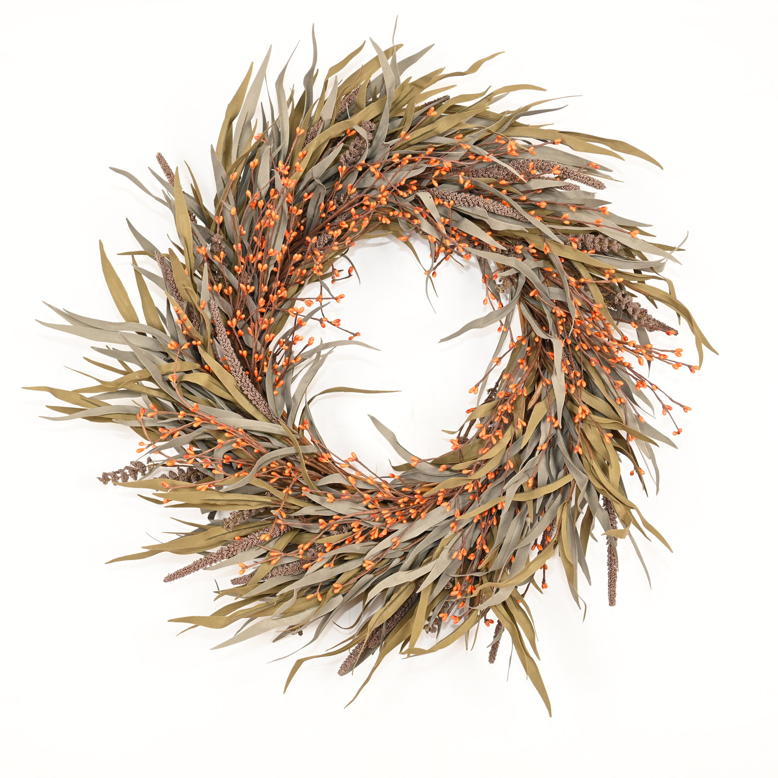 24" Grass, Berry Thanksgiving Wreath, Orange