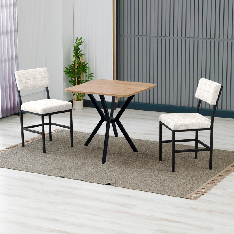 Ensemble de table et chaises de salle à manger extensible (3 pièces), crème et noyer | 100% aggloméré enduit de mélamine, table: 27,6 po x 29,1 po x 27,6 po, chaises: 15,7 po x 32,3 po x 15,7 po | Structure en métal, tissu en lin, design industriel moderne, assemblage facile