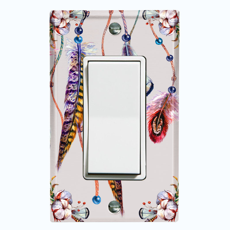 Metal Light Switch Plate Outlet Cover (Colourful Feather Dream Catcher White  - Single Rocker)