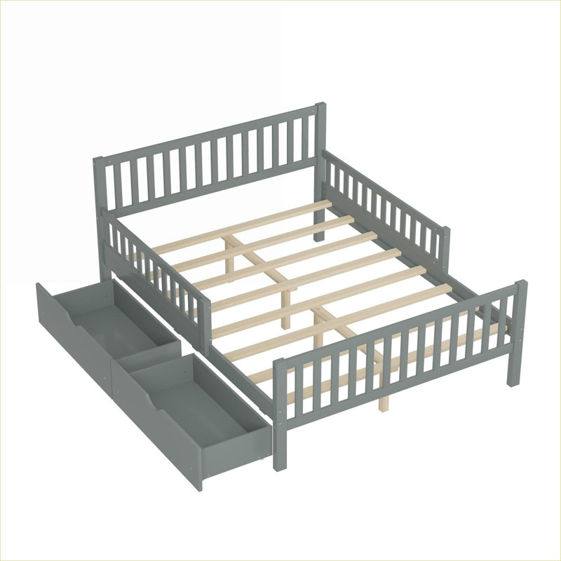 Lit plateforme en bois massif pour chambre principale ou d'amis, cadre de lit double gris ardoise avec garde-corps latéraux doubles et tiroirs de rangement sous le lit