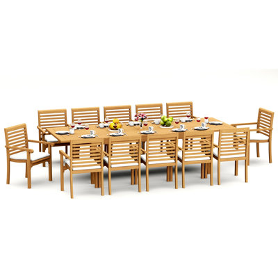 113 Pcs Grade-A Teak Wood Dining Set: 122" Caranas Double Extension Rectangle Table And 12 Alvarez Stacking Arm Chairs #11HR2912