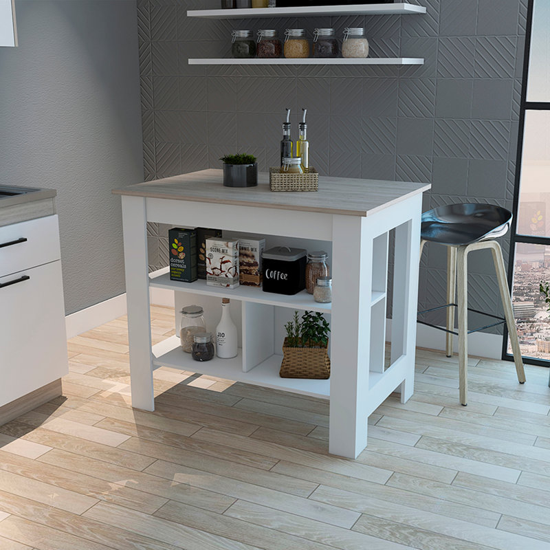 Îlot de cuisine antibactérien, trois tablettes, finition gris clair / blanc