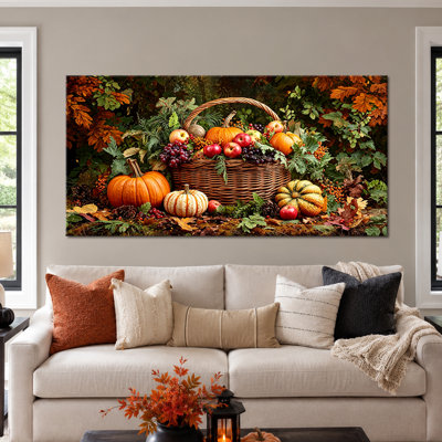 Art mural d'automne, toile d'art citrouille, art mural d'automne pour le salon, décoration murale de photos d'automne rustique, toile tendue tendue pour l'entrée, la cuisine ou la salle à manger, 24 po x 48 po
