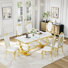 Kashane 7-Piece Faux Marble Rectangular Pedestal Dining Set with Petal-Back Upholstered Chairs, Seats 6