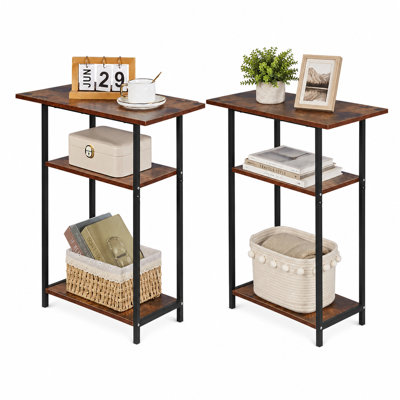 Ensemble de 2 tables d'appoint rustiques à 3 niveaux avec cadre en métal, tables de bout étroites avec tablettes de rangement, tables d'appoint en grain de bois pour le salon, la chambre à coucher, le canapé, les petits espaces