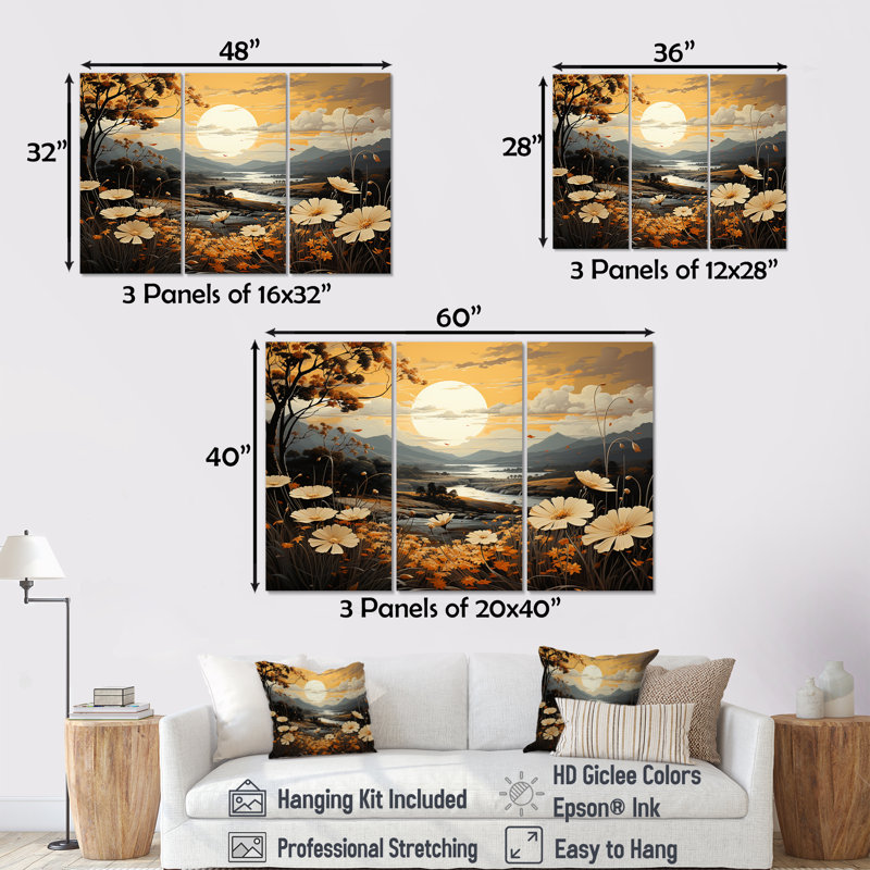 Golden Meadows of Flowers Fields I - ensemble de reproductions d'art mural, Toile tendue, H 40 po x l 60 po x P 1 po