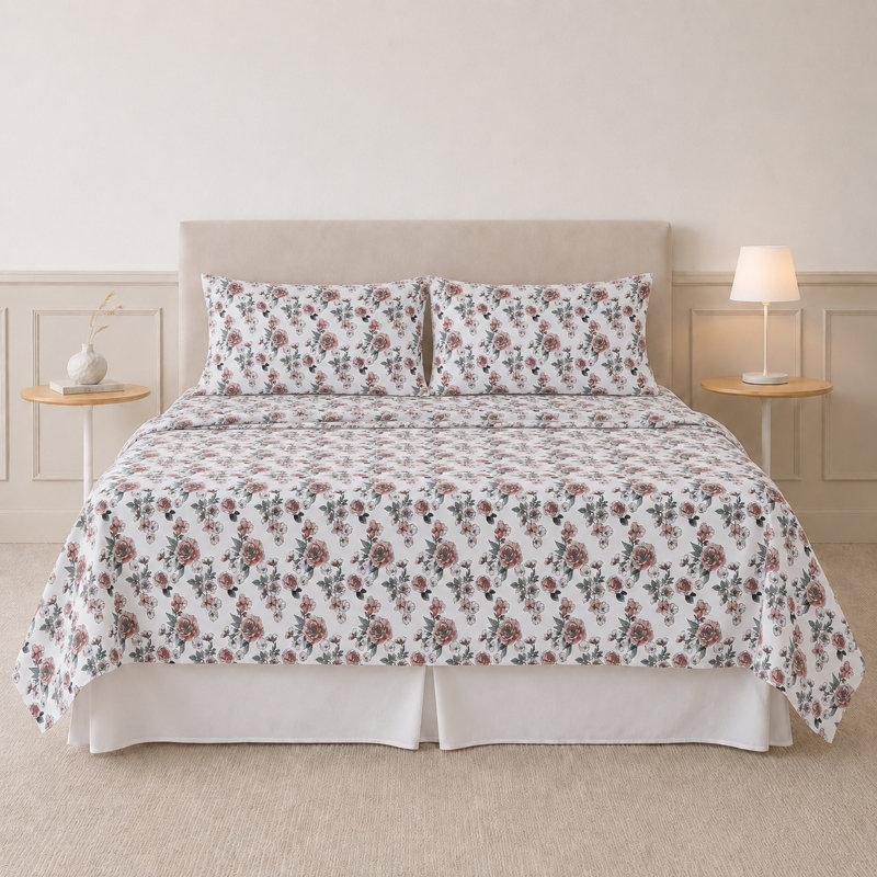 Ensemble de draps en microfibre 4 pièces Modern, Ensemble de draps pour grand lit avec 2 taies d'or, Rose Bloom Floral