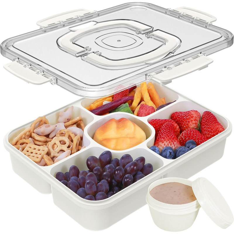 Boîte à collation à 5 compartiments avec couvercle en ABS transparent, plateau de service portable pour pique-nique et glacière