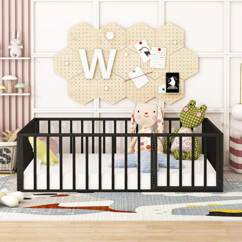 Metal Floor Bed Frame With Fence And Door, Black, Full