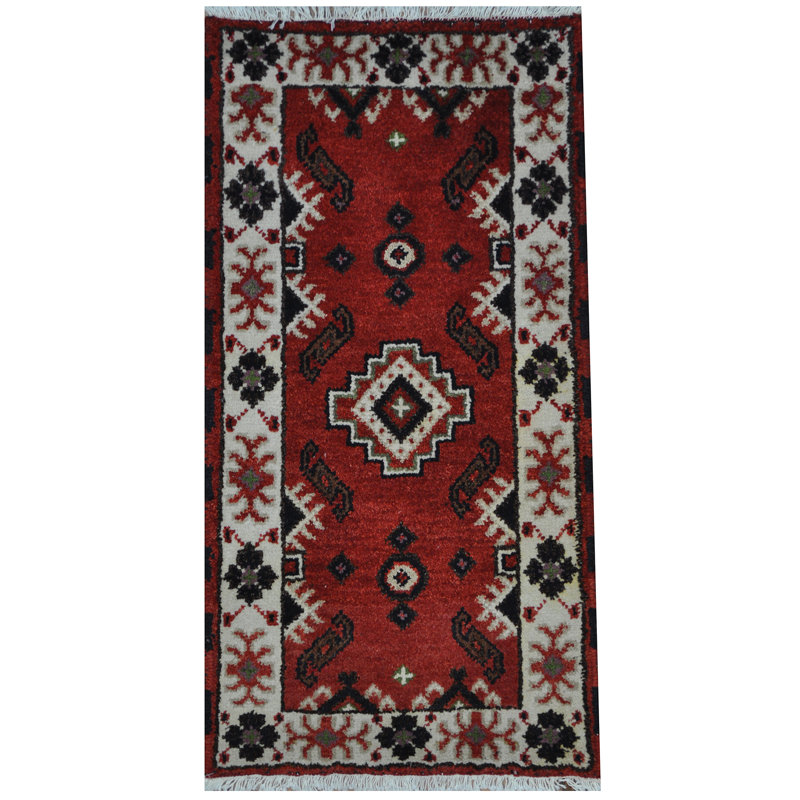 Tapis unique en laine noué à la main rouge / noir / blanc 2 pi x 4 pi Kazak