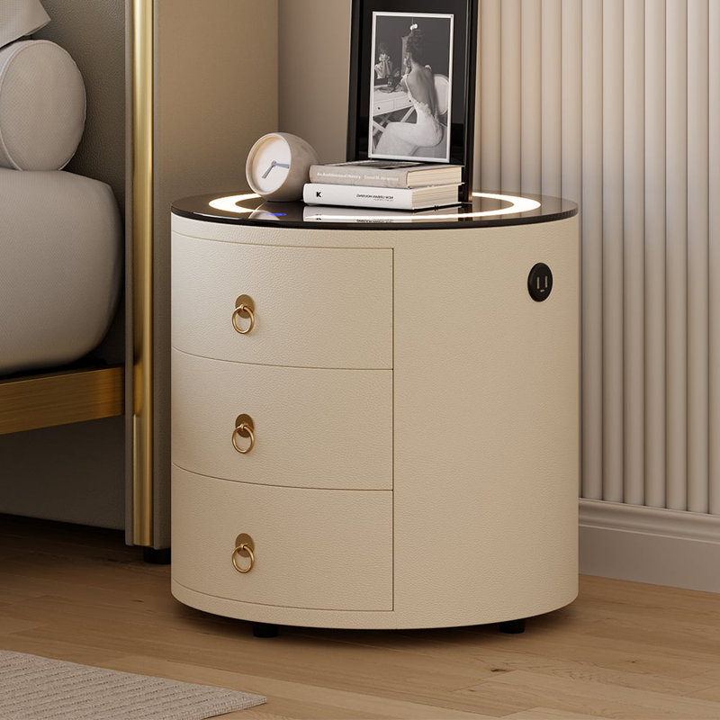Modern Round Leather 3-Drawer Smart Nightstand with LED Light, Wireless Charging & Bluetooth Speakers