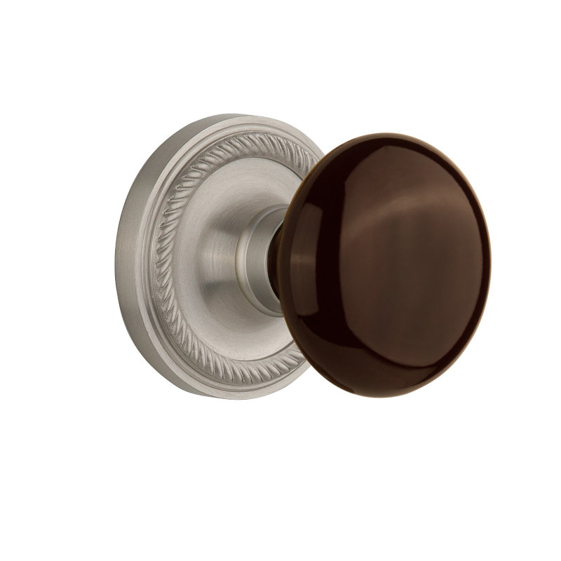 Rope Rosette with Brown Porcelain Door Knob, Satin Nickel
