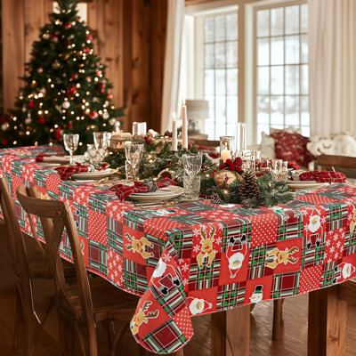 Nappe rectangulaire en vinyle de Noël avec envers en flanelle, 132 x 229 cm, motif Père Noël, bonhomme de neige et rennes à carreaux rouges