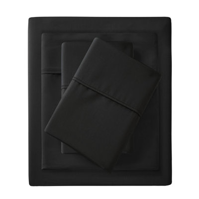 4 Pcs Black 1500 Thread Count Queen Cotton Blend Sheet , Wrinkle Weave, Finish, Flat & Fitted Sheets, 2 Pillowcases, Machine Washable, Weave With Includes Sheet, Elasticized