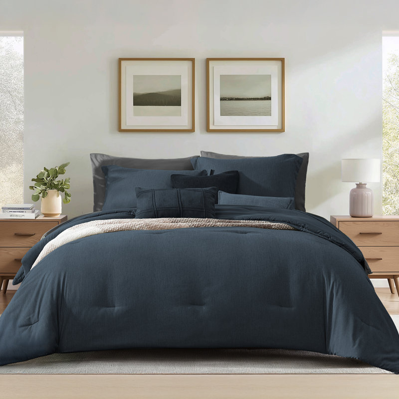 Cationic Comforter Set 7PC, Queen Comforter + 6 Additional Pieces, Navy Blue